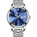 Silver stainless steel quartz watch for men featuring a blue sunray dial and calendar - Silver Band Blue Dial