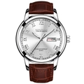 Classic silver watch for men with white dial, Roman numerals, and brown leather strap - Brown Leather Silver Case White Dial