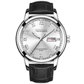 Men's quartz watch with silver roman dial and black textured leather strap - Black Leather Silver Case White Dial