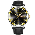 Quartz men's watch with black leather strap, gold and silver case, and black dial display - Black Leather Gold Case Black Dial
