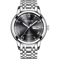 Quartz men's watch featuring a silver steel band and grey sunray dial with Roman numerals - Silver Strap Black Dial