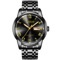 Men's black quartz watch with golden Roman numerals and steel band variant - Black Band Black Dial Gold Markers
