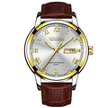Men's quartz watch with brown leather strap, silver case and gold roman numeral markers - Brown Leather Gold Case White Dial