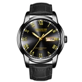 Men's quartz watch with black dial, gold Roman numerals and black leather strap - Black Leather Black Case Gold Dial