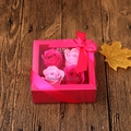 Soap rose flower gift box with 4 pink blossoms and decorative ribbon in a heart box - 4 Flowers Paper Gift Box (Solid Pink)