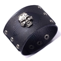 Men's wide black cowhide leather bracelet featuring a metal skull and silver studs - Black