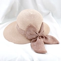 Elegant wide brim straw sun hat for women with large brown bow on minimalist white cloth - M(56-58cm) / Pink