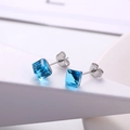 Elegant square-cut blue crystal stud earrings with shiny silver titanium steel finish - Blue Crystal/Silver