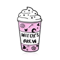 Pink Witch's Brew enamel coffee cup brooch with magic moon and star motifs - Pink Witch's Brew