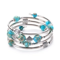 Gelaagde wikkelarmband met turquoise kralen en zilveren spoelen met klavertje vier bedel - Blauwe Keizersteen Armband