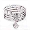 White crystal wrap bracelet with shell pearls and tree of life pendants in silver - White Pearl Crystal Tree Of Life (WB0146)