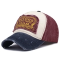 Distressed tricolor baseball cap with vintage racing team patches in navy, beige and burgundy - Adjustable / Navy Blue Brim & Wine Red
