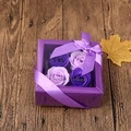 Square transparent soap flower gift box with 4 purple roses and a matching ribbon - 4 Flowers Paper Gift Box (Solid Purple)