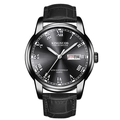 Fashionable quartz men's watch with black dial and black leather strap featuring dual calendar - Black Leather Black Case Black Dial Silver Markers