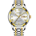 KINGNUOS Two-Tone Men's Quartz Watch with Luminous Silver Dial and Day-Date Display - Gold Strap White Dial