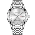 Silver stainless steel quartz watch with Roman numerals and day-date display - Silver Band White Dial