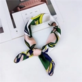 Elegant silk square scarf with geometric abstract patterns in navy and mustard yellow - Green Navy Abstract Floral