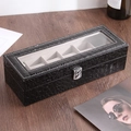 6-slot crocodile leather watch box in black with transparent glass lid and metal lock - 6-Slot Watch Organizer Box / Black Crocodile Print