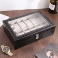 12-slot black crocodile leather watch organizer box with glass window and metal lock - 12-Slot Watch Organizer Box / Black Crocodile Print