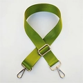 Detail of adjustable olive green nylon bag strap with polished silver rotating metal hooks - Light Green / Silver Clasp