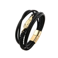 Men's multilayer black leather braided bracelet with a golden feather charm and magnetic clasp - 24cm / Black/Gold Clasp