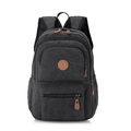Charcoal black canvas backpack with brown leather pulls and multiple storage pockets - Black
