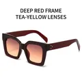 Retro square sunglasses with dark wine red PC frame and tea yellow gradient lenses - Red Frame Tea Yellow Lens