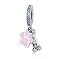 Silver bead charm featuring pink enamel paw print and zircon-encrusted bone dangle - Normal Specification / Silver Pink Paw Bone Pendant (#43)