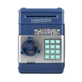Macro view of blue electronic ATM piggy bank with keypad and simulated rotary lock - Grey Blue