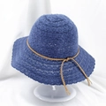 Blue lace hollowed knit sun hat with wide brim and decorative bow for beach vacation - M (56-58cm) / Navy Blue