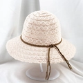 Detailed texture of lace woven sun hat with decorative brown braided cord accent - M (56-58cm) / Off White