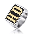 Vintage punk silver steel signet ring with black enamel and gold HB lettering - Two-tone Gold HD