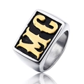 Men's punk signet ring in silver steel with black face and golden gothic CH letter - Two-tone Gold MC