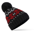 Bonnet en tricot noir avec motifs flocons de neige rouges et blancs et pompon doux - Noir avec pompon noir