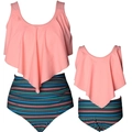 Korallenrosa High-Waist Elter-Kind-Bikini-Set mit geometrischem Muster und Volants - Kinder 116 / Orangefarbenes Oberteil mit Blumenmuster