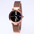 Detail of rose gold Milanese mesh strap watch with starry dial and striped design - Rose Gold