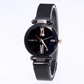 Detail of starry dial ladies watch with calendar window and black mesh band - Black