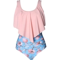 Pink ruffle tankini top with blue floral high waisted bottoms two piece swimsuit - S / Pink Top Floral Bottom