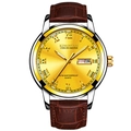 Montre quartz pour hommes avec cadran doré, bracelet en cuir brun et double calendrier - Cuir Noir Boîtier Or Cadran Or
