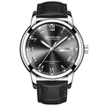 Men's quartz watch with black dial, silver metal case, and black textured leather strap - Black Leather Silver Case Black Dial