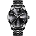 Men's quartz watch with black steel band, Roman numerals, and dual day-date display - Black Band Black Dial Silver Markers