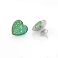 Detailed macro view of 13x14mm heart druzy earrings with blue-green glitter and silver posts - Green Blue (2)