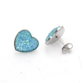 Detailed view of silver heart studs featuring sparkling blue drusy crystal texture - Sparkling Blue (18)