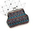 Detail view of ethnic geometric print on vintage leather coin purse with metal clasp - Ethnic Style 1