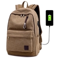 Zaino marrone in tela con porta USB e design vintage per scuola e viaggio all'aperto - caffè