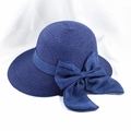 Women's navy blue foldable straw sun hat with large elegant bow decoration - M(56-58cm) / Navy Blue