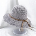 Grey lace-knit straw sun hat with wide wavy brim and brown braided tassel band decoration - M (56-58cm) / Gray