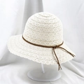 Detail of white lace crochet sun hat with delicate wavy brim and woven cord ribbon - M (56-58cm) / Beige