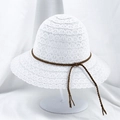 Detail of white lace sun hat featuring breathable hollow crochet and brown braided cord - M (56-58cm) / White
