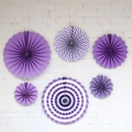 Detail view of 6 purple paper fans with stripes and dots for party decoration - Purple Striped